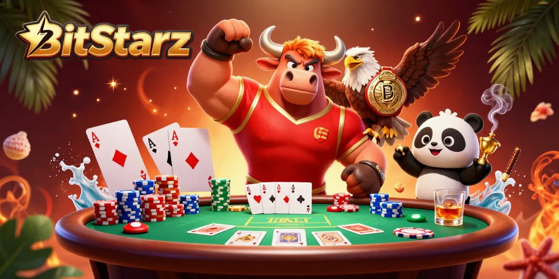 Experience the excitement of BitStarz with a vibrant casino scene featuring mascots and poker elements.