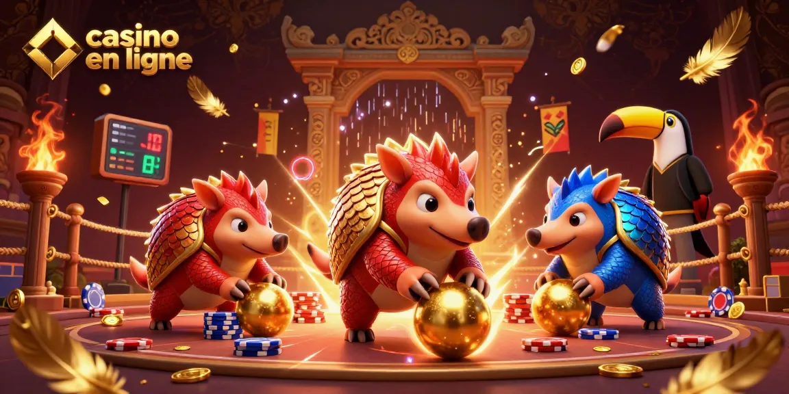 Plongez dans l'action au casino en ligne avec des pangolins colorés jouant aux jeux, entourés de jetons et d'effets incroyables.