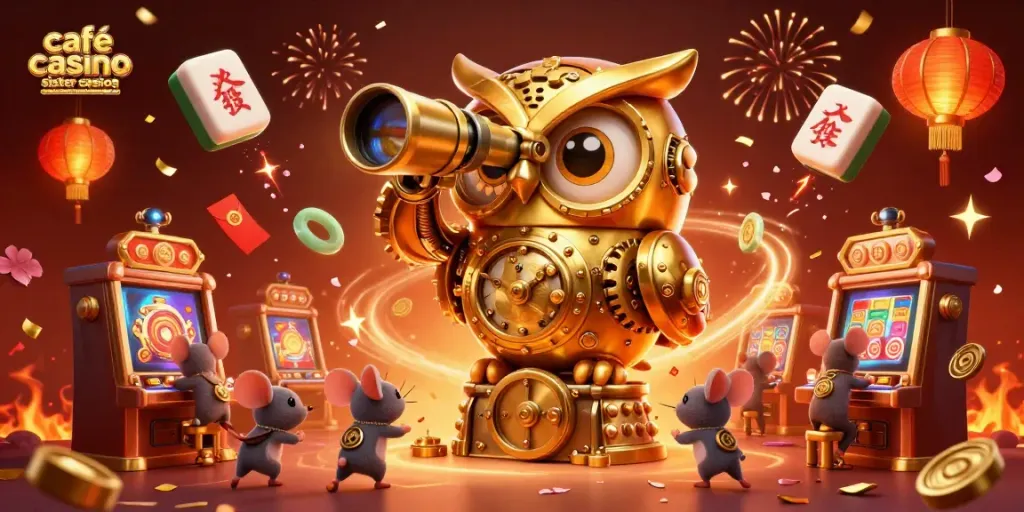 Engage with cafe casino sister casinos showcasing a whimsical 3D golden owl overseeing thrilling casino action.