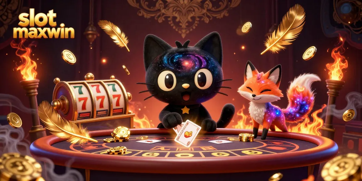 Experience the slot maxwin excitement with a dynamic cosmic casino scene featuring a black hole cat and nebula fox.