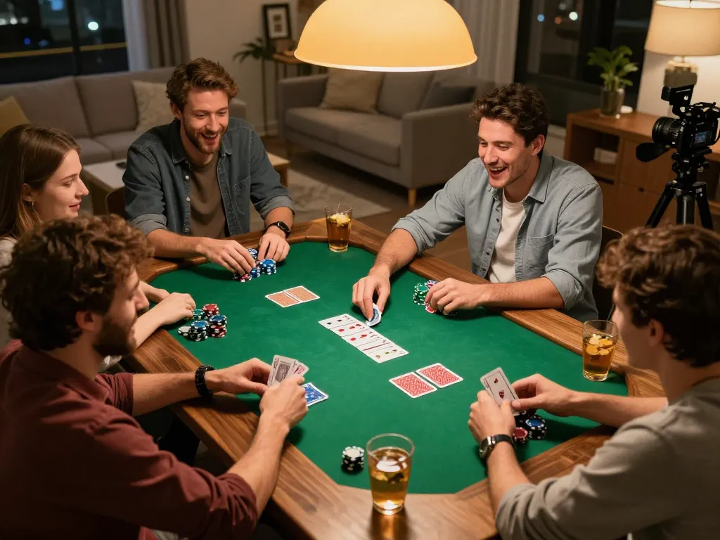 Engaging poker game scene featuring friends celebrating a win while enjoying slot depo 3k strategy.