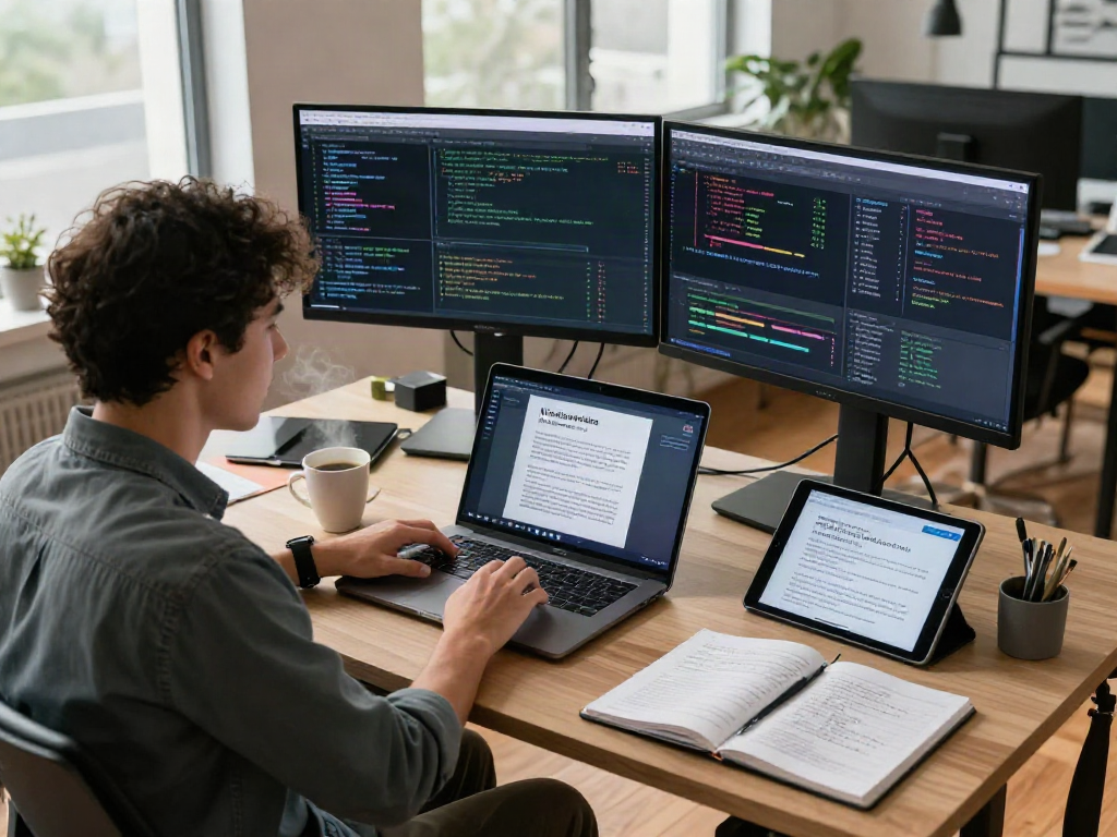 Data analyst researching document fraud detection solutions in a modern workspace.