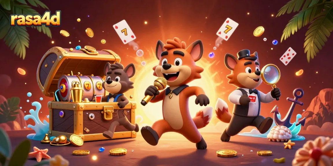 Rasa4d menampilkan hyena lucu dalam klub kasino, dengan simbol slot dan kekayaan berkilau.