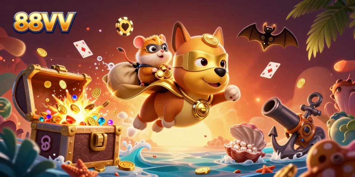 88VV showcases an exciting gambling scene with a superhero dog and treasure elements in a dynamic casino atmosphere.