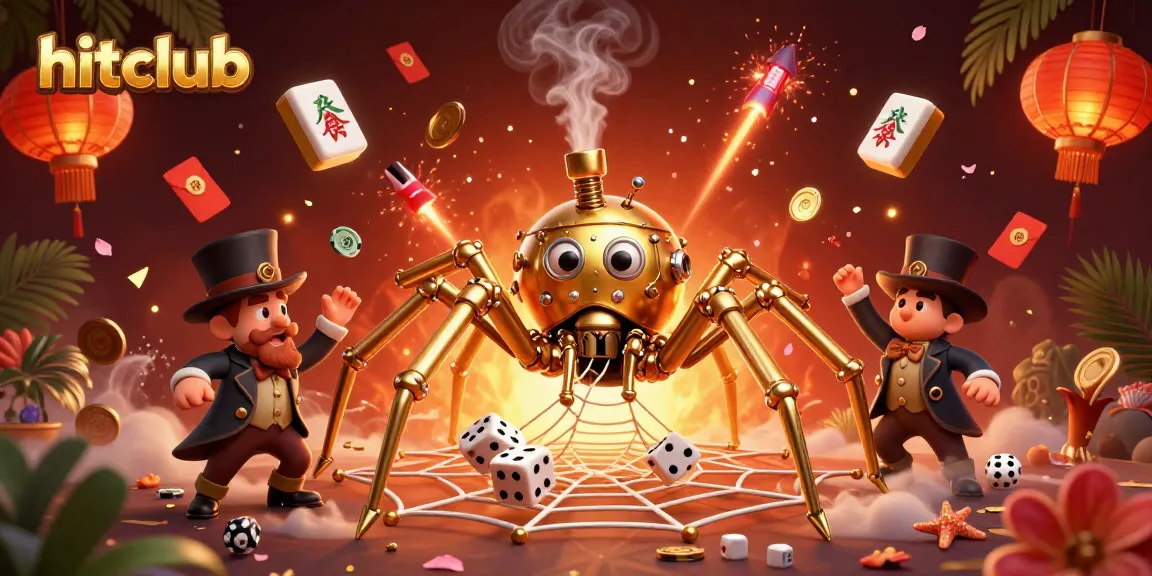 Experience the thrill at hitclub with a vibrant scene of a steampunk spider and gaming elements.