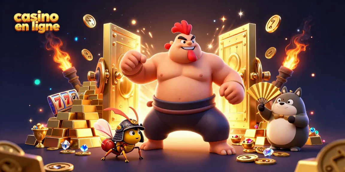 Illustration dynamique montrant un casino en ligne avec un coq sumo, un grillon et un tanuki, entourés de trésors.