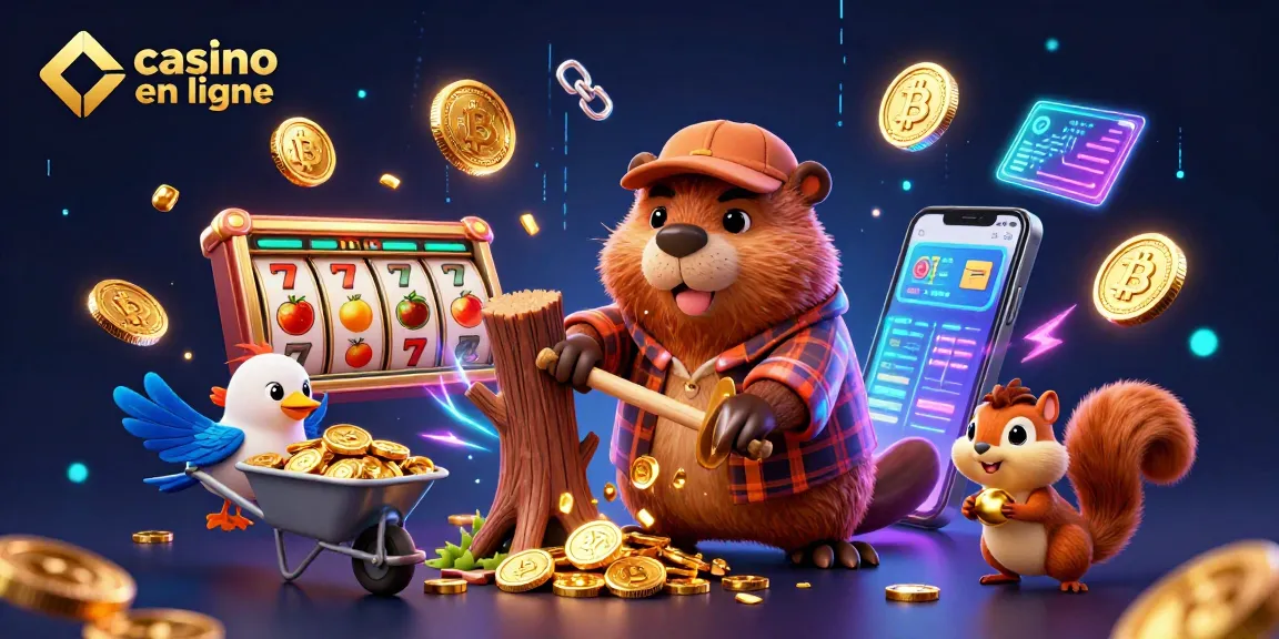 Visualisez l'excitation des jeux de casino en ligne avec un castor et des pièces d'or attirantes.