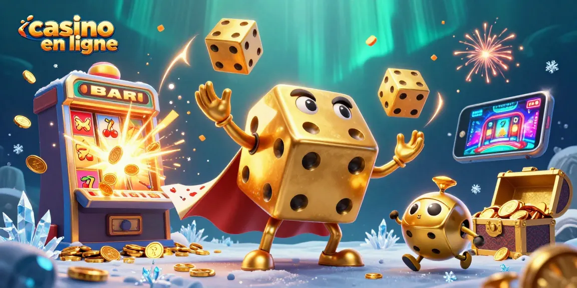 Jouez au casino en ligne avec un golem de dés dorés jonglant sous les aurores boréales.
