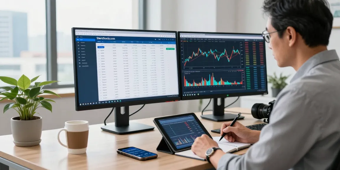 5starsstocks.com blue chip analysis in a modern financial workspace with dual monitors showing stock ratings and market trends.