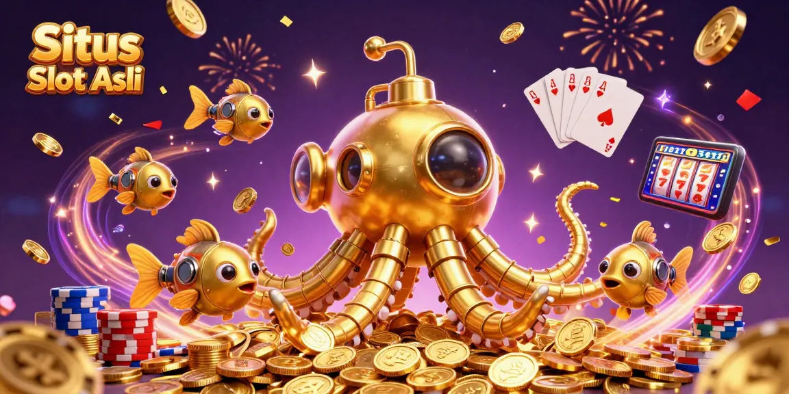 在Situs Slot Asli中，探索海底金色克拉肯潜艇和金牌老虎机的梦幻场景。