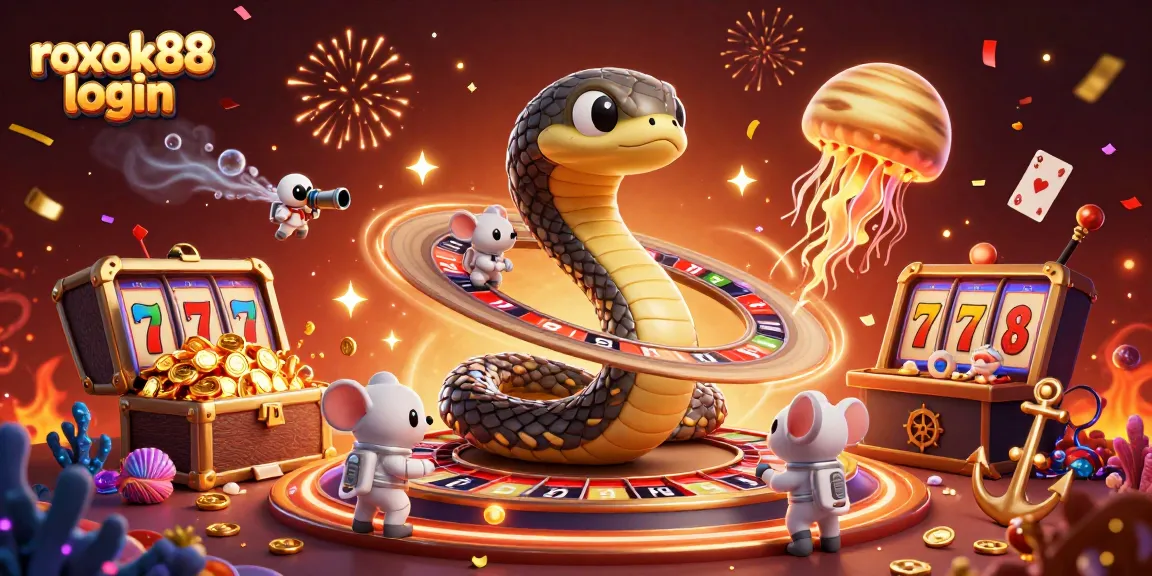 Engaging scene showcasing rokok88 login with a Saturn ring snake in a casino atmosphere, floating playing cards and confetti.