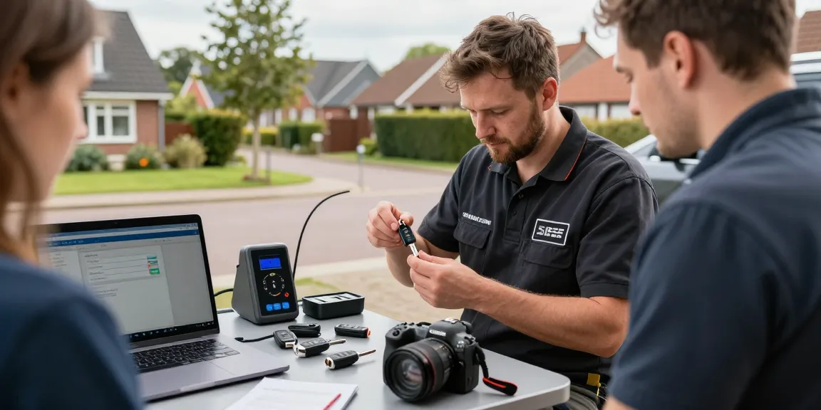 Expert locksmith programming a new key for a client after an Autosleutel kwijt situation in South Holland, showcasing advanced tools and mobile service.