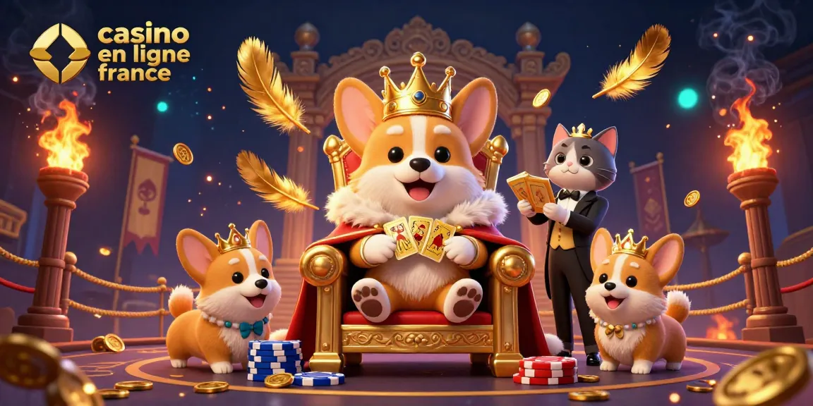 Visualisez un royal corgi sur un trône de jetons, entouré de feu et de lumières, pour un casino en ligne France.