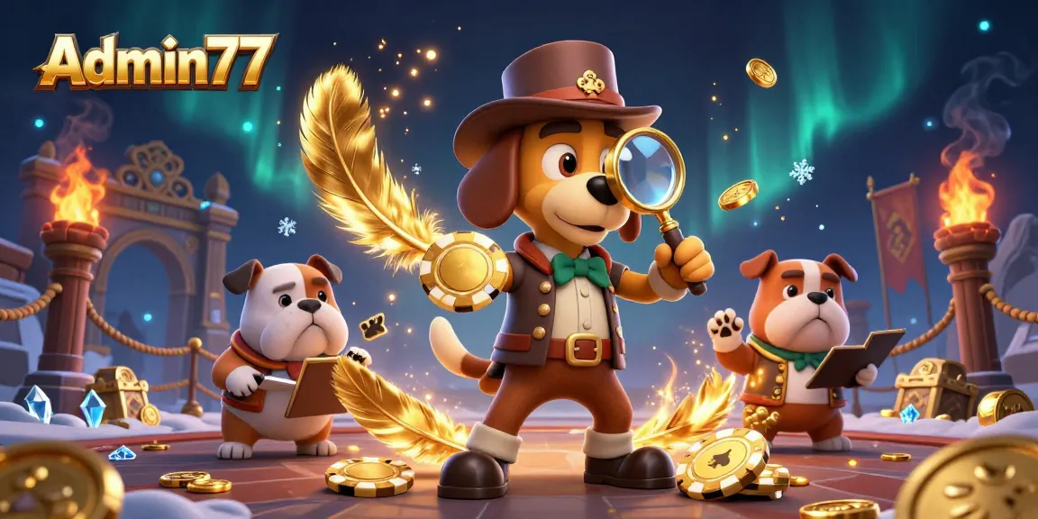 Admin77's gaming adventure illuminated by treasure clues and vibrant casino elements for players.
