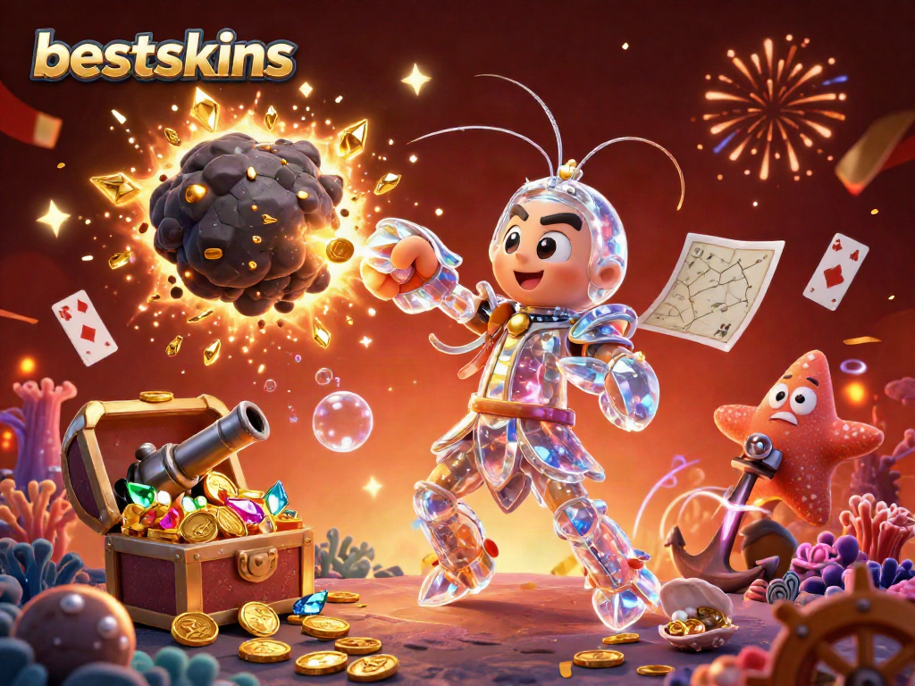 Win big with the bestskins treasure explosion, featuring vibrant 3D casino elements.