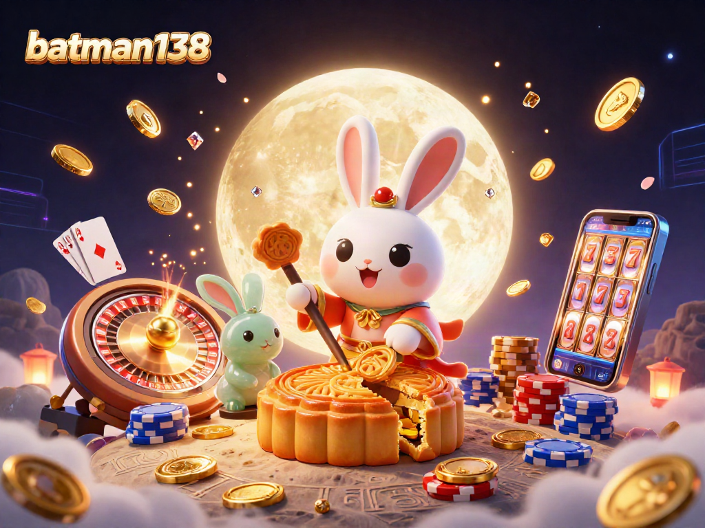 Experience thrilling gaming with batman138: cartoon moon rabbit and poker chips swirl in a vibrant casino scene.