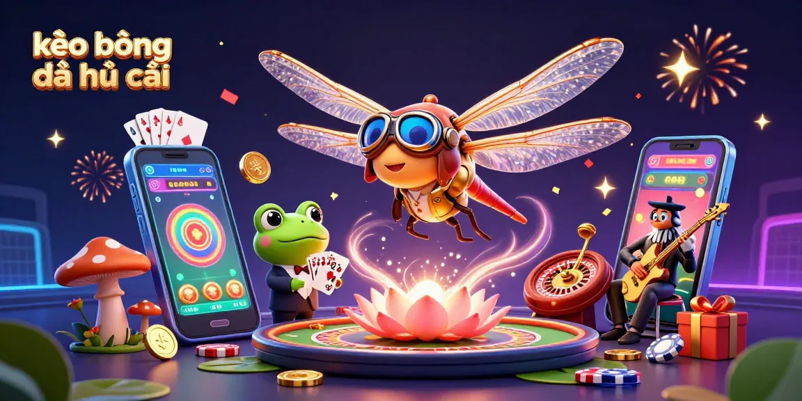 Experience kèo bóng đá nhà cái with vibrant visuals of a unique gambling scene featuring a dragonfly pilot and frog croupier.