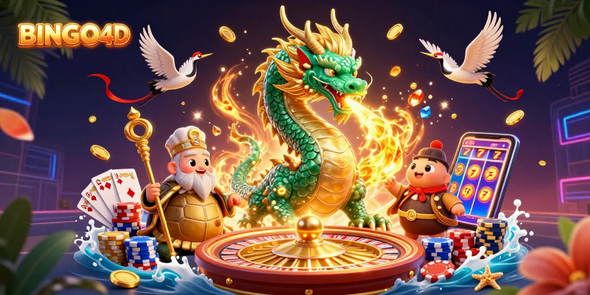 Bermain dengan BINGO4D meraih kemenangan emas dalam slot online, ditemani naga dan penyu bijak.