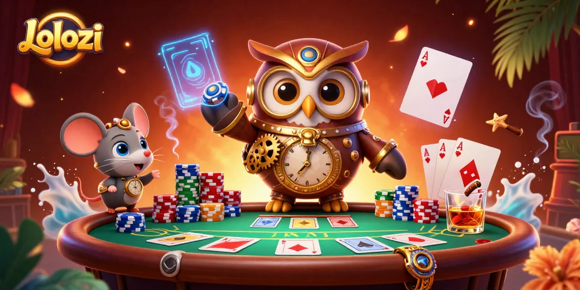 Lolozi features a vibrant 3D casino scene with an owl and mouse, showcasing poker chips and cards.