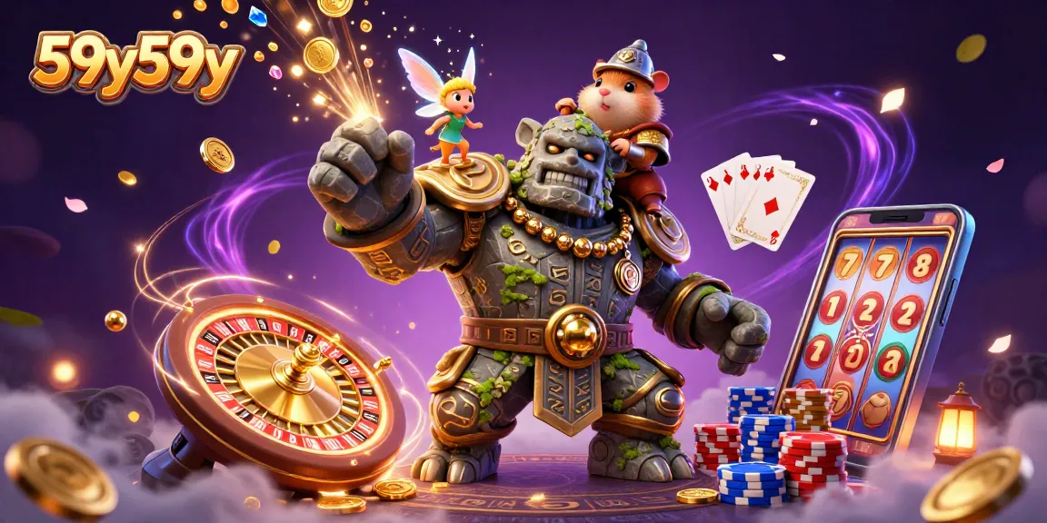 Experience the magical realm of 59y59y with a stone golem and enchanted fairy in a vibrant casino scene.