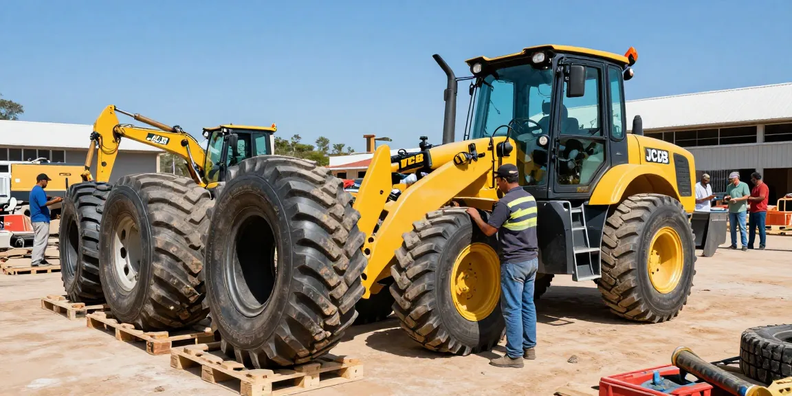 Expert fitting of TLB tyres on a JCB tractor loader at a Durban construction site
