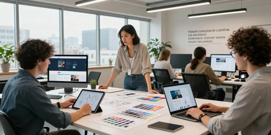 Visit website design studio where a diverse team collaborates on innovative web projects.