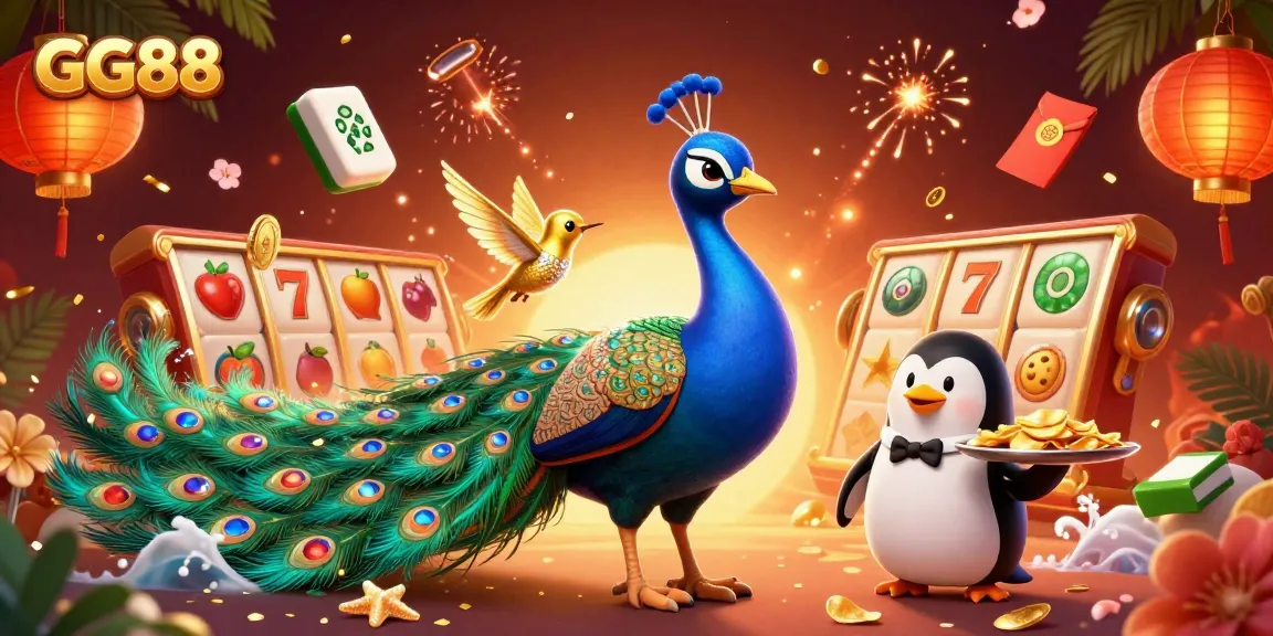 Experience immersive gameplay at GG88 with colorful slot reels, peacock, and fortune symbols.
