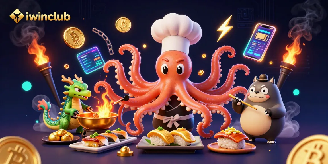 Join iwinclub with a vibrant scene of a sushi chef octopus creating winning dishes, exploring exciting gaming experiences.