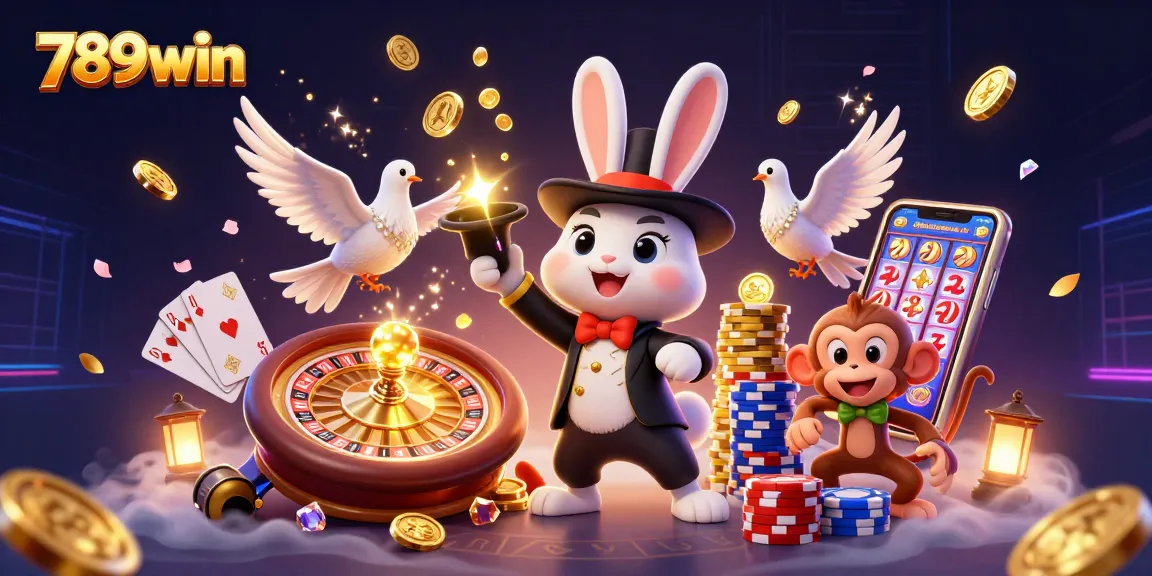 Engage with vibrant 789win casino magic, featuring coins, poker chips, and slot machines in a dynamic 3D scene.
