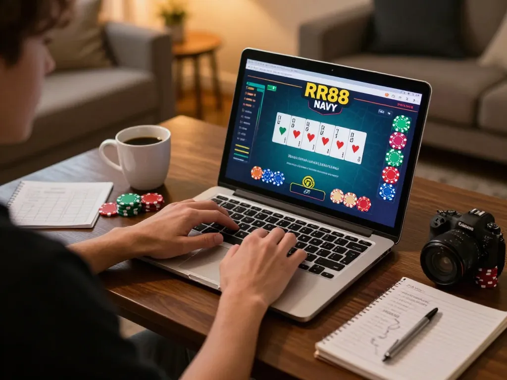 Engaged player using RR88 NAVY online for poker, showcasing vibrant gaming interface.
