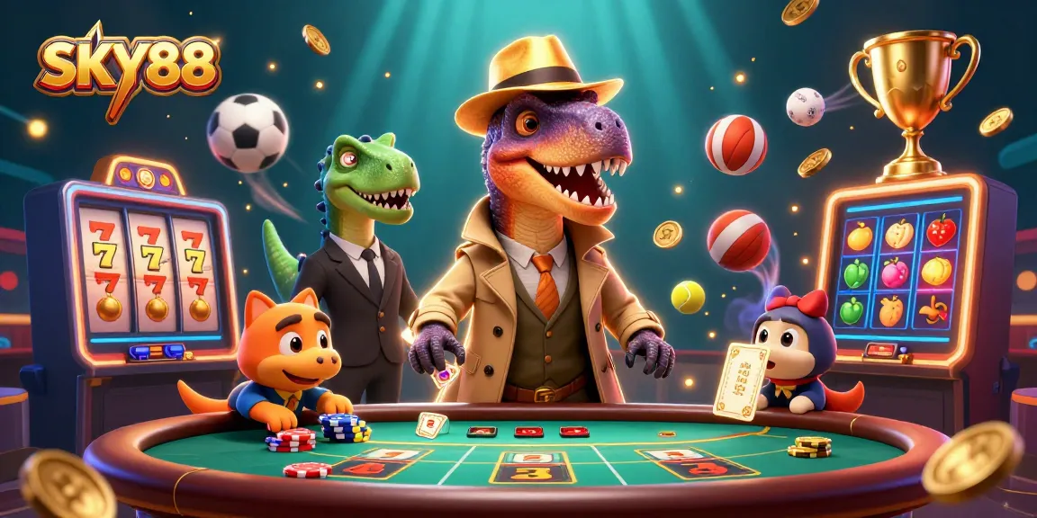SKY88 casino scene with a velociraptor card counter, lively slot machine, and colorful sports elements.