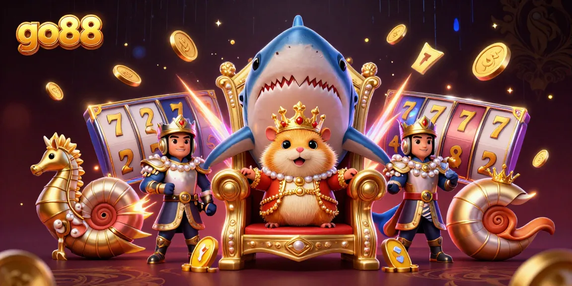 Experience thrilling slots at go88 with a majestic golden hamster king amidst an adventure-filled casino scene.