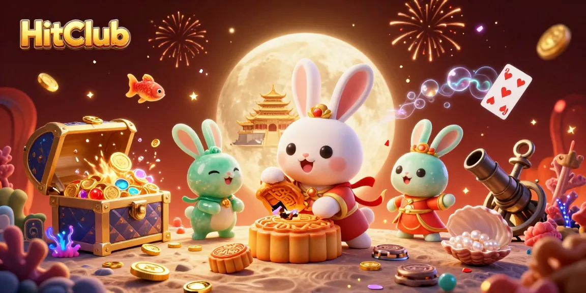HitClub celebrates with a lively 3D scene showcasing a moon rabbit revealing poker chips in a vibrant and festive atmosphere.