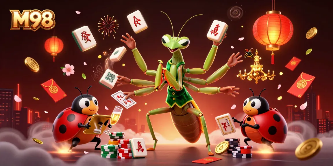 M98 showcases an exciting card game scene with a giant praying mantis dealing cards, creating an engaging casino atmosphere.