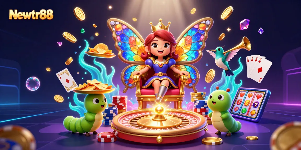 Experience Newtr88's vibrant casino magic with a butterfly queen and dazzling gaming elements.