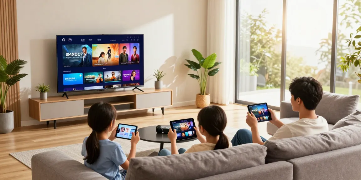Interaktive Familie mit tv smart player im modernen Wohnzimmer, Lichteinfall und technische Geräte umgeben.