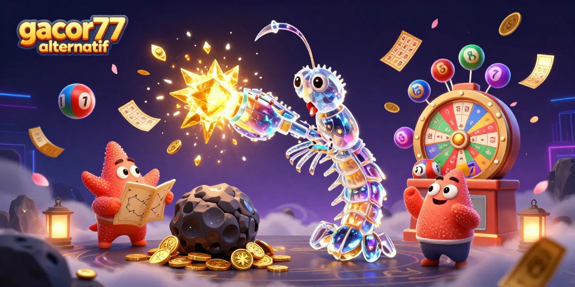Menangkan hadiah di Gacor77 alternatif dengan gambar ilustrasi 3D menarik memperlihatkan lotere dan permainan kasino.