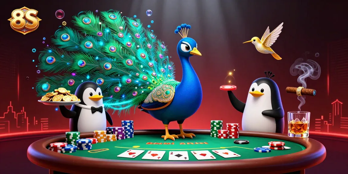 Experience the excitement of 8S with vibrant characters at a poker table and dazzling casino elements.