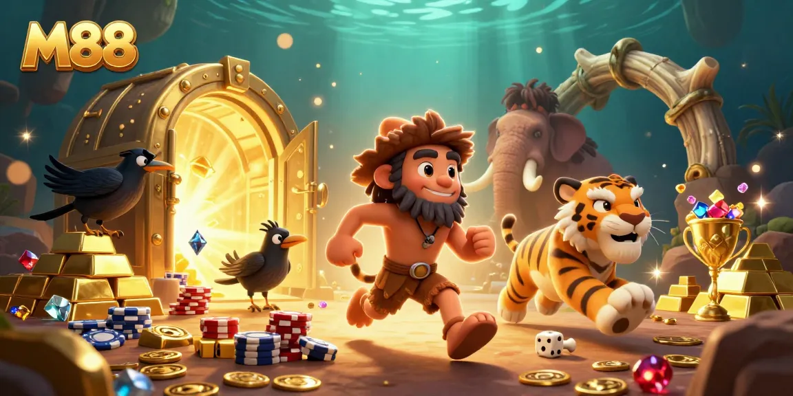 M88 showcases a thrilling prehistoric casino scene with dynamic characters and vibrant gaming elements.