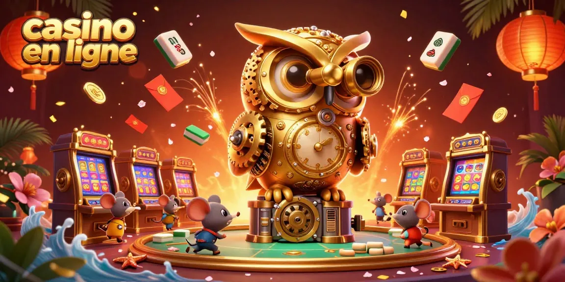 Jouer au casino en ligne avec une illustration d'une chouette dorée animée et des machines à sous riches en couleurs.