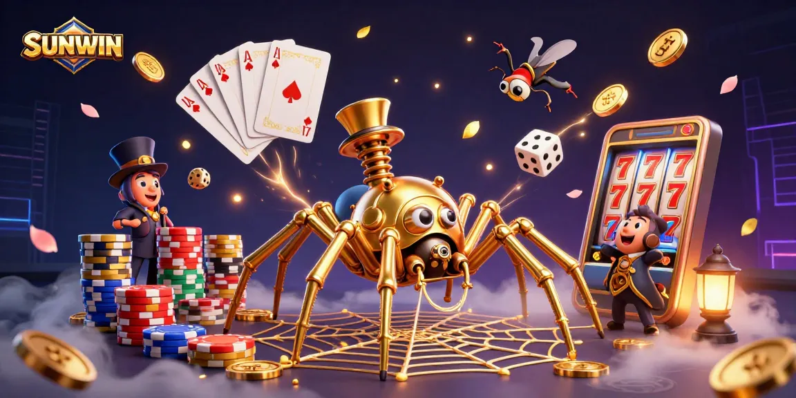 SUNWIN showcases a whimsical steampunk spider capturing dice amidst a vibrant casino scene with rich textures.