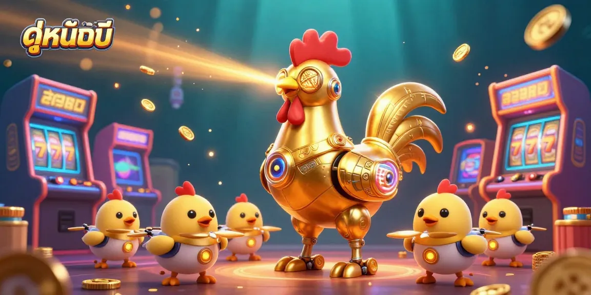 Engage in ดูหนังออนไลน์ with a dynamic casino scene featuring a golden rooster robot and baby chick drones amidst slot machines.