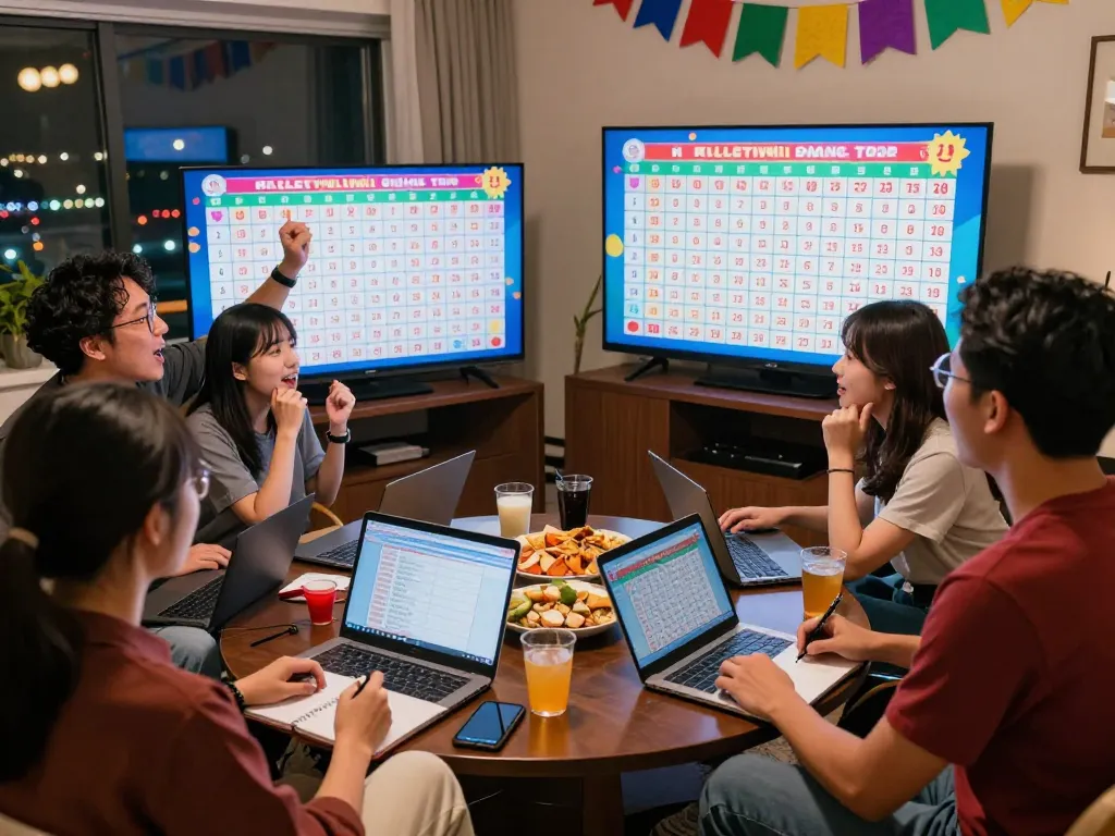 Friends cheering while watching HK Lotto live draw, showcasing excitement and camaraderie.