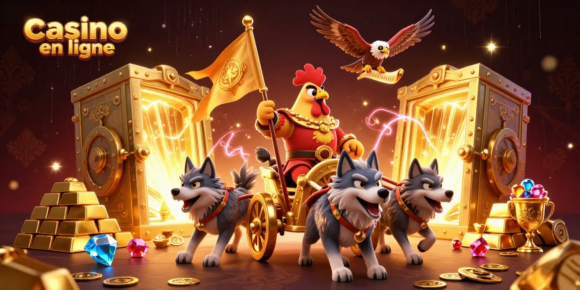 Illustration captivante de casino en ligne avec un roi coq guerrier et des loups sur un chariot d'or.
