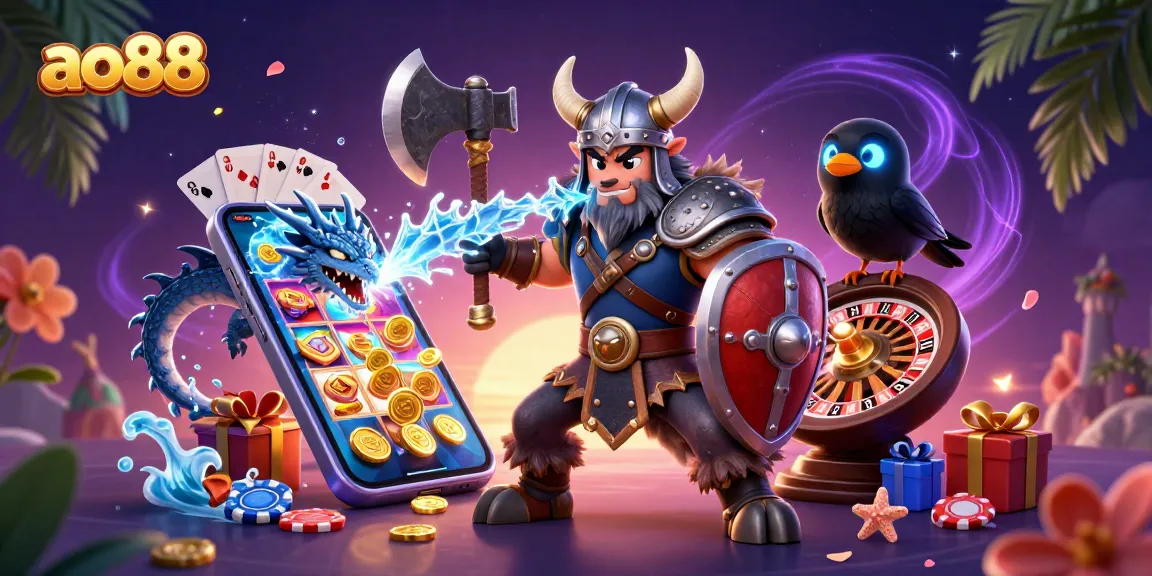 Engage with the ao88 adventure of a Viking wolf warrior and ice dragon amidst casino excitement.