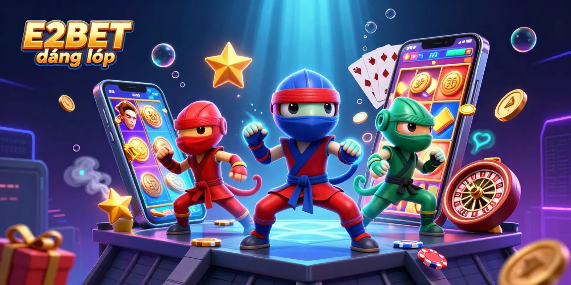 E2BET đăng nhập unlocks fun with a cartoon ninja chameleon team in a dynamic rooftop casino scene.