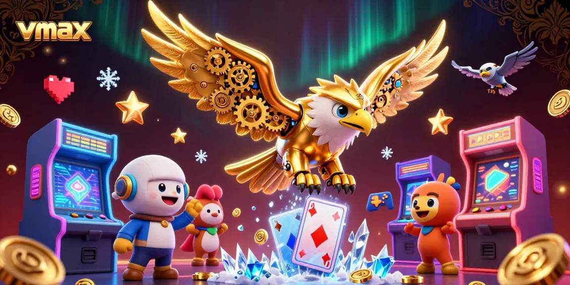 Engage with vmax in an exhilarating scene featuring a golden eagle and holographic cards in an online casino.