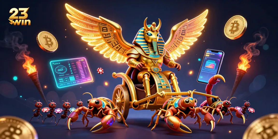 Elevate your gaming with the 23win colossal scarab beetle illustration showcasing vibrant casino elements and cryptocurrency.