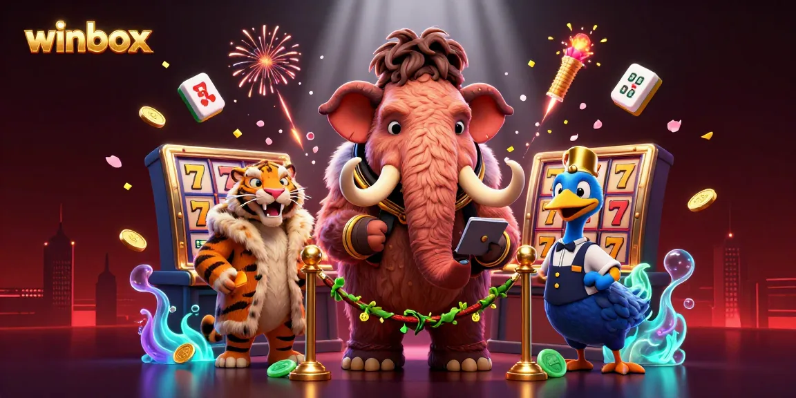 Winbox slots scene showcasing a woolly mammoth bouncer, saber-tooth tiger, and dodo bird in a vibrant casino