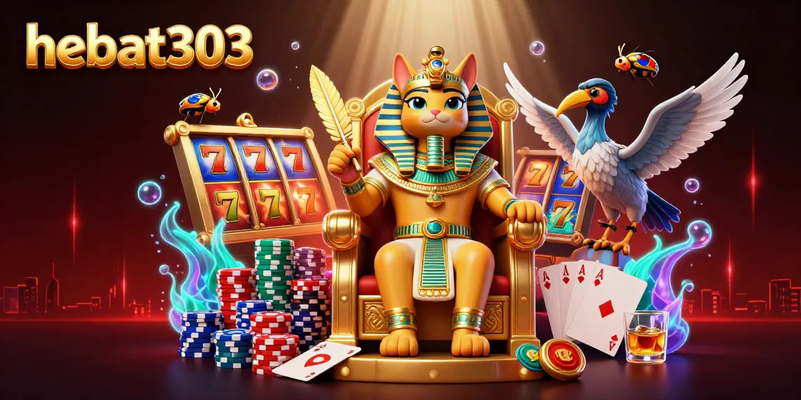Experience epic wins with hebat303's vibrant slot reels and poker chips in a dynamic casino scene.